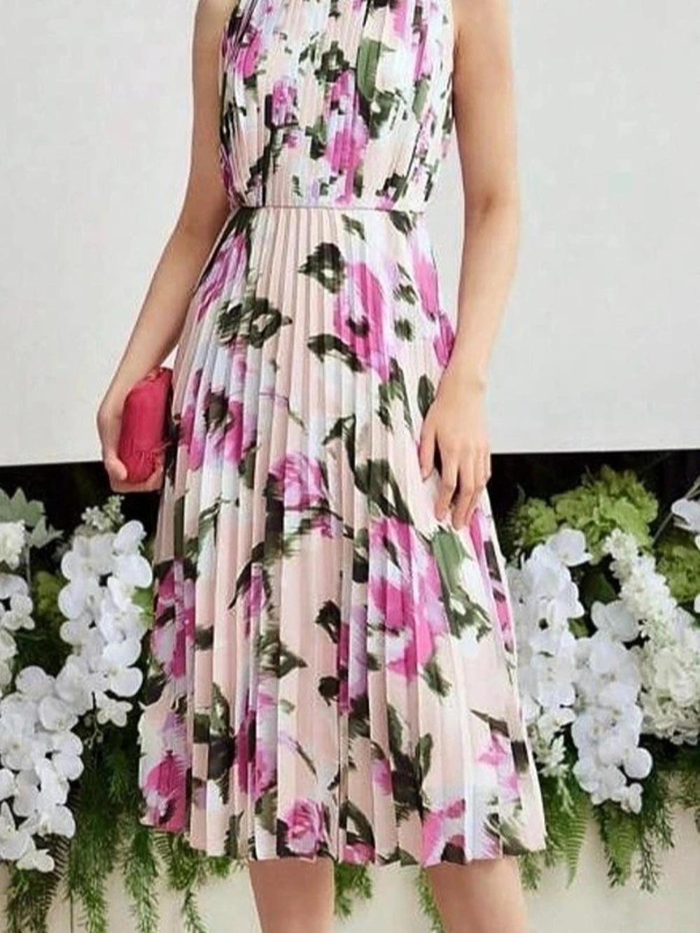 MOTF Floral Pleated Midi Dress in Pink Size Small